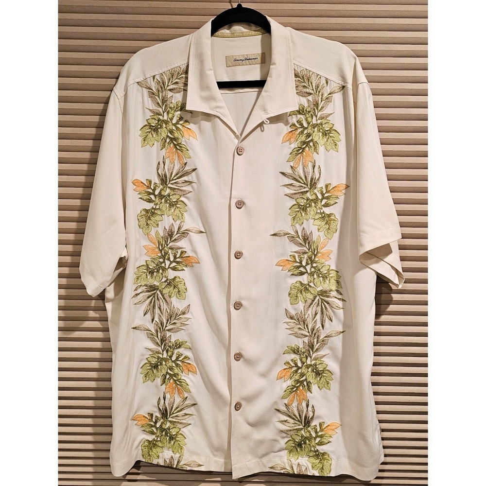 Tommy Bahama Silk Embroidered Floral Camp Shirt Mens 1xB Beige Green Resort